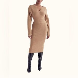 Express V-Neck Ribbed Sweater in Beige